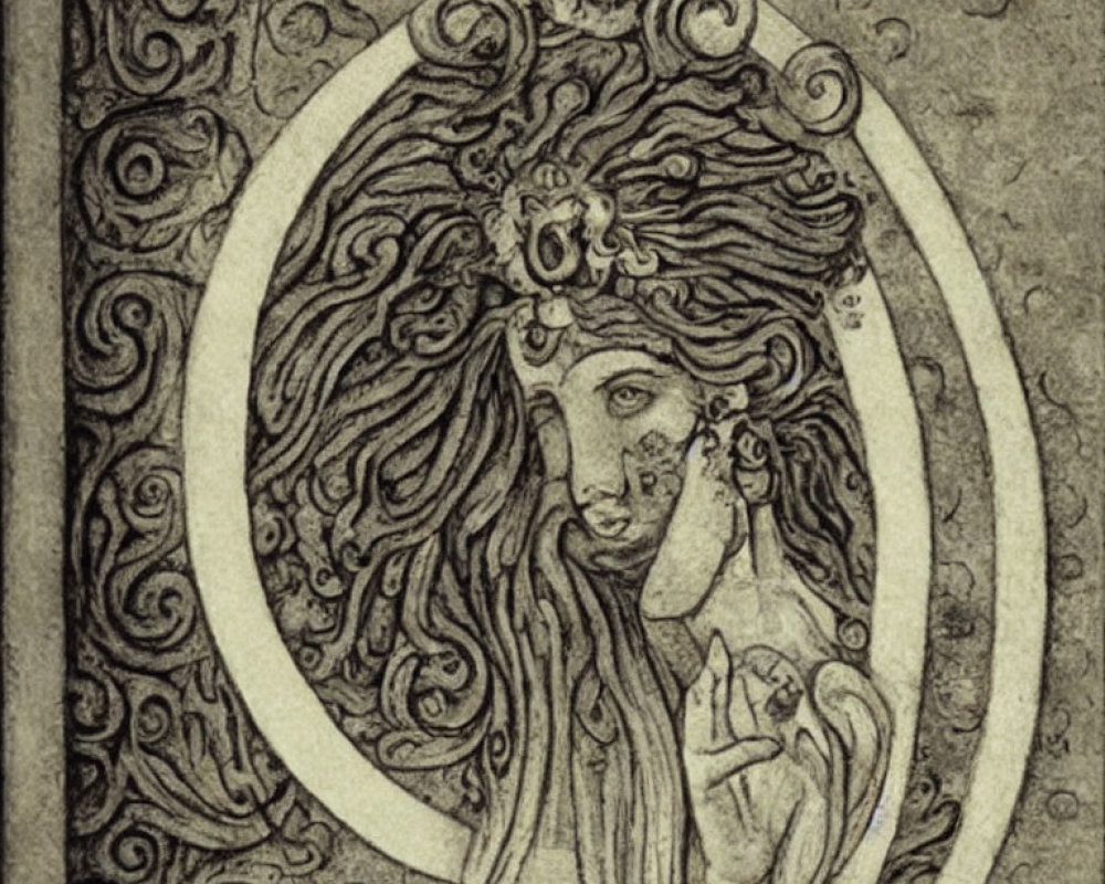 Art Nouveau Style Illustration of Woman with Flowing Hair and Ornate Patterns