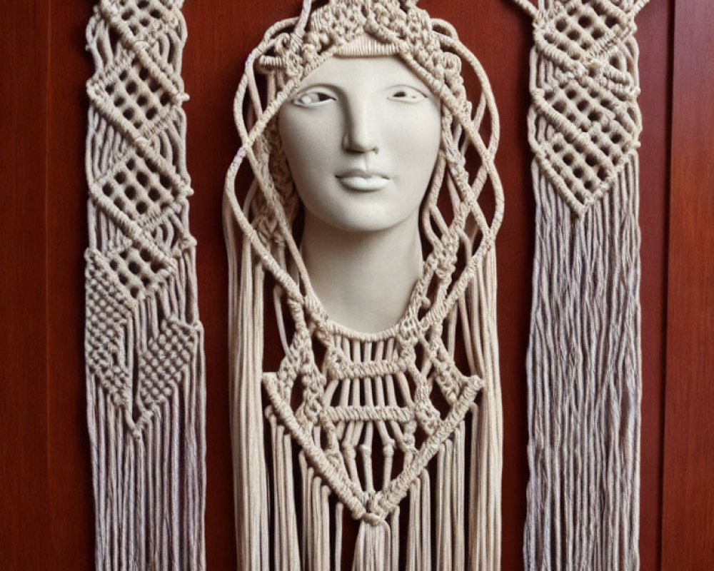 Serene mannequin head with macramé headdress and tassels