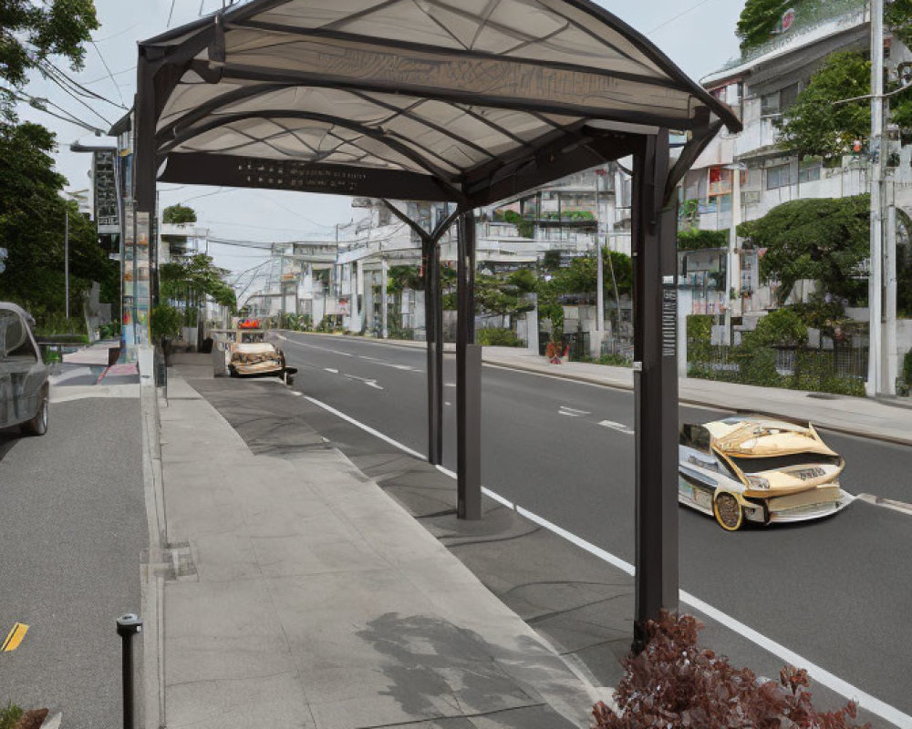 City street bus stop with metal shelter, cars passing, and residential buildings.