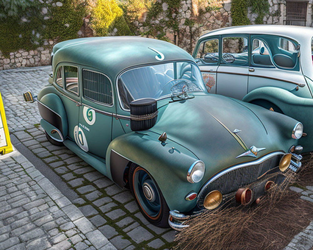 Vintage Teal Race Car Number 9 on Cobblestone Street with Classic Blue Car and Gas Pump