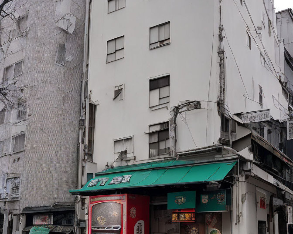 Urban corner shop with red signage under white building on overcast day