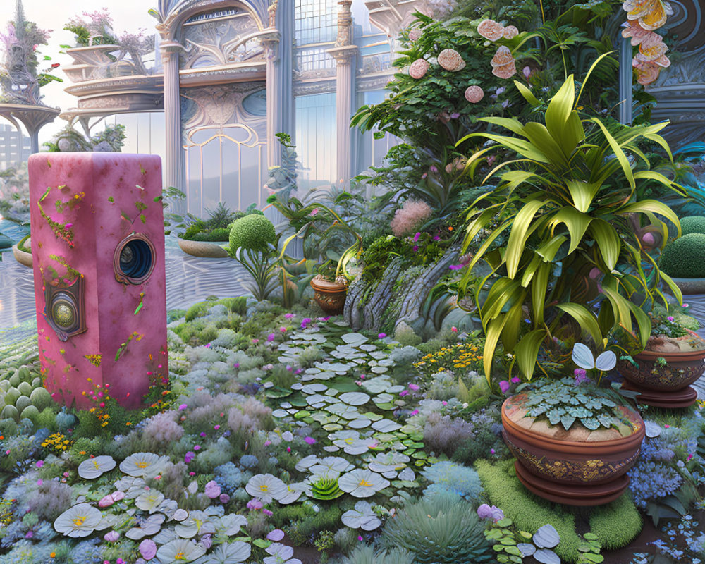 Fantastical garden with vibrant flora and pink door amid classical architecture