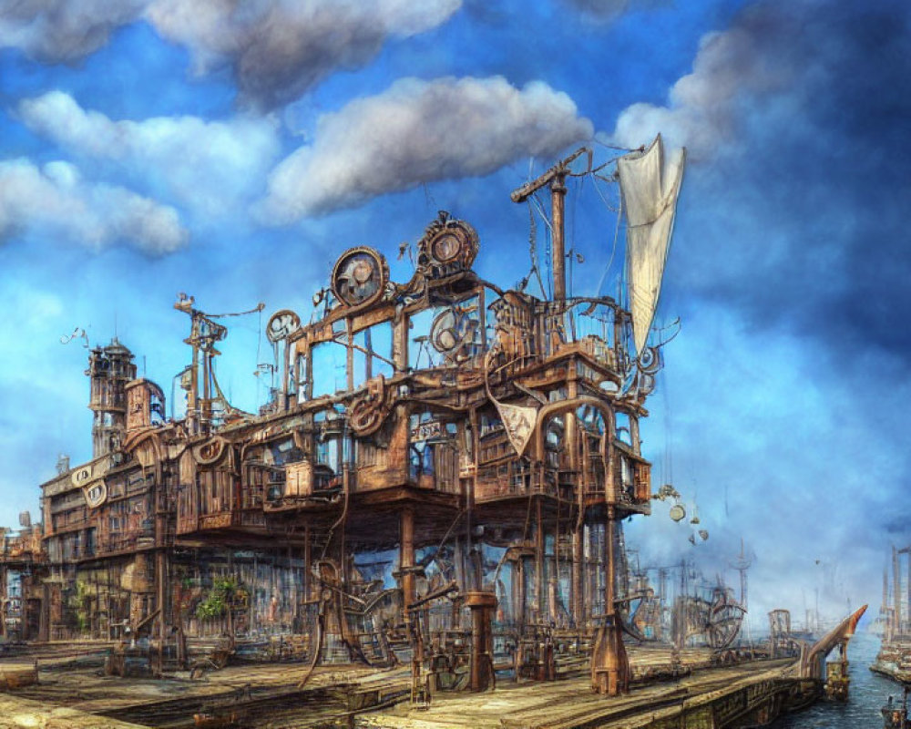 Steampunk dock with intricate gears, wooden structures, sail, and ships under cloudy sky