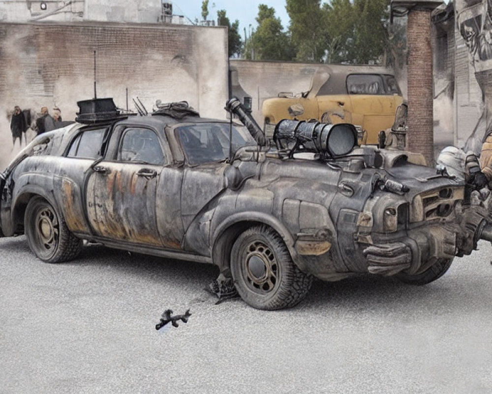 Post-apocalyptic car with heavy modifications and armor in urban setting with dystopian outfits