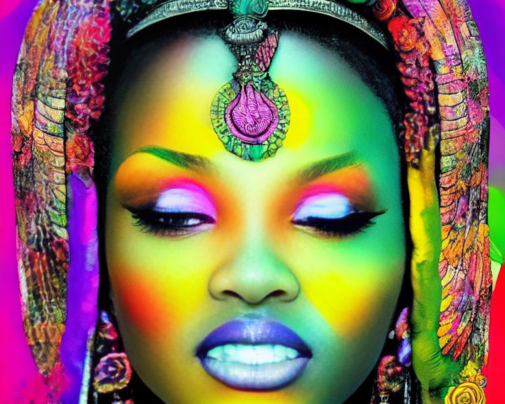 Colorful portrait with neon makeup and ornate headpiece