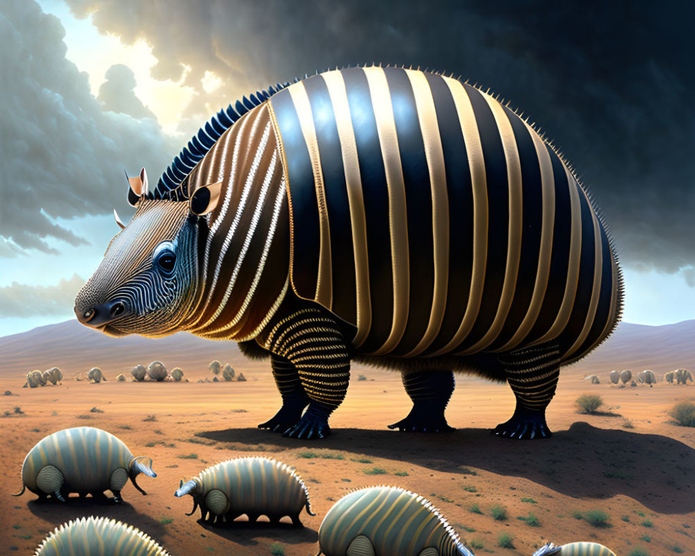 Surreal illustration: Oversized armadillo-like creatures in desert landscape