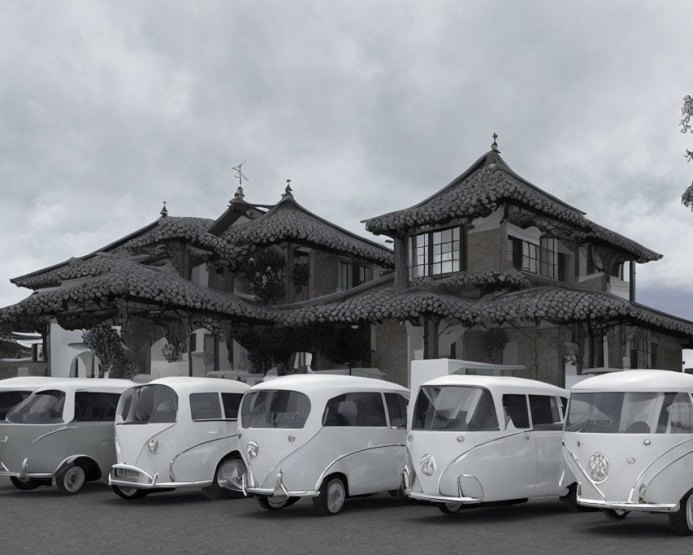 Vintage white vans parked in front of Asian-style building with intricate roofing under overcast sky