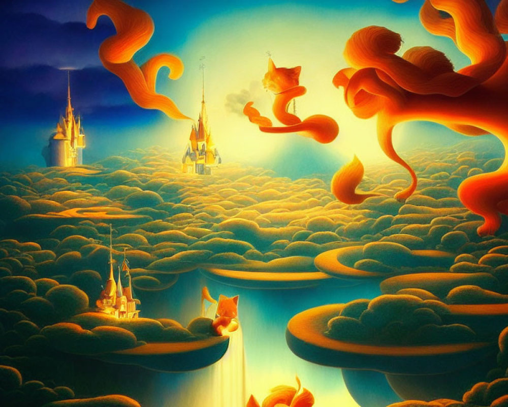 Fantasy Landscape with Orange Clouds and Illuminated Castles