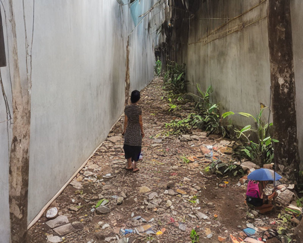 Urban alleyway scene with walking person and umbrella-sitting individual