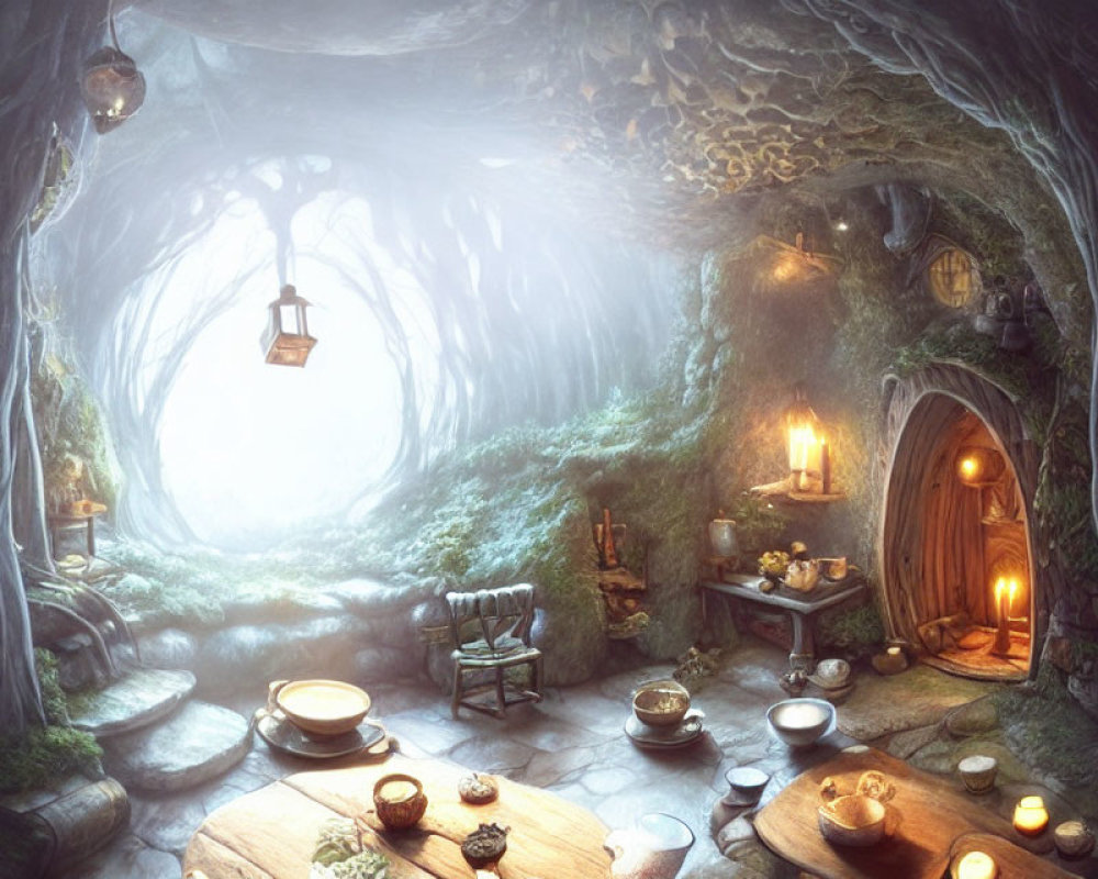 Whimsical underground room with round door, furniture, and enchanting lighting