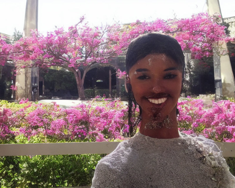 Smiling person in lacey outfit among pink flowering bushes