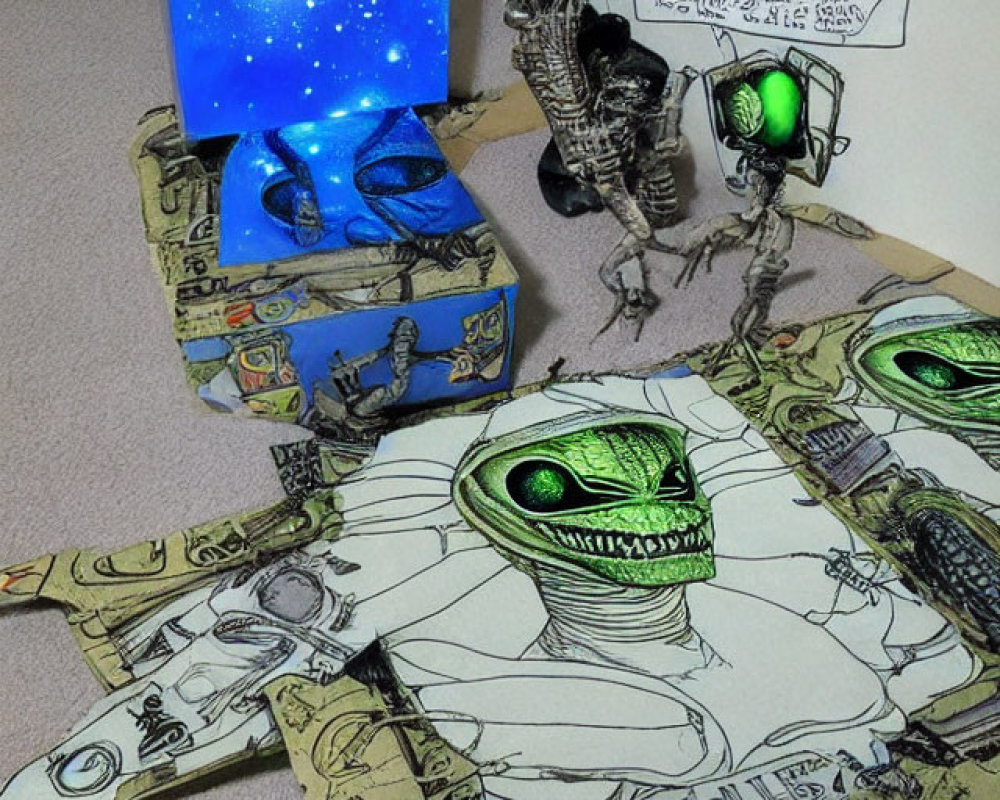 Innovative display with starry projection, alien figurines, and alien-themed paper artwork