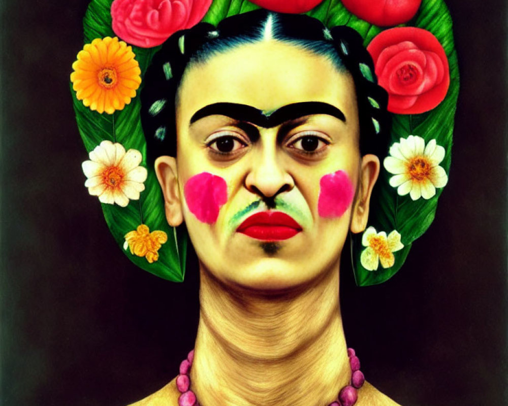 Vibrant woman portrait with unibrow, flowers, pink cheeks, necklace