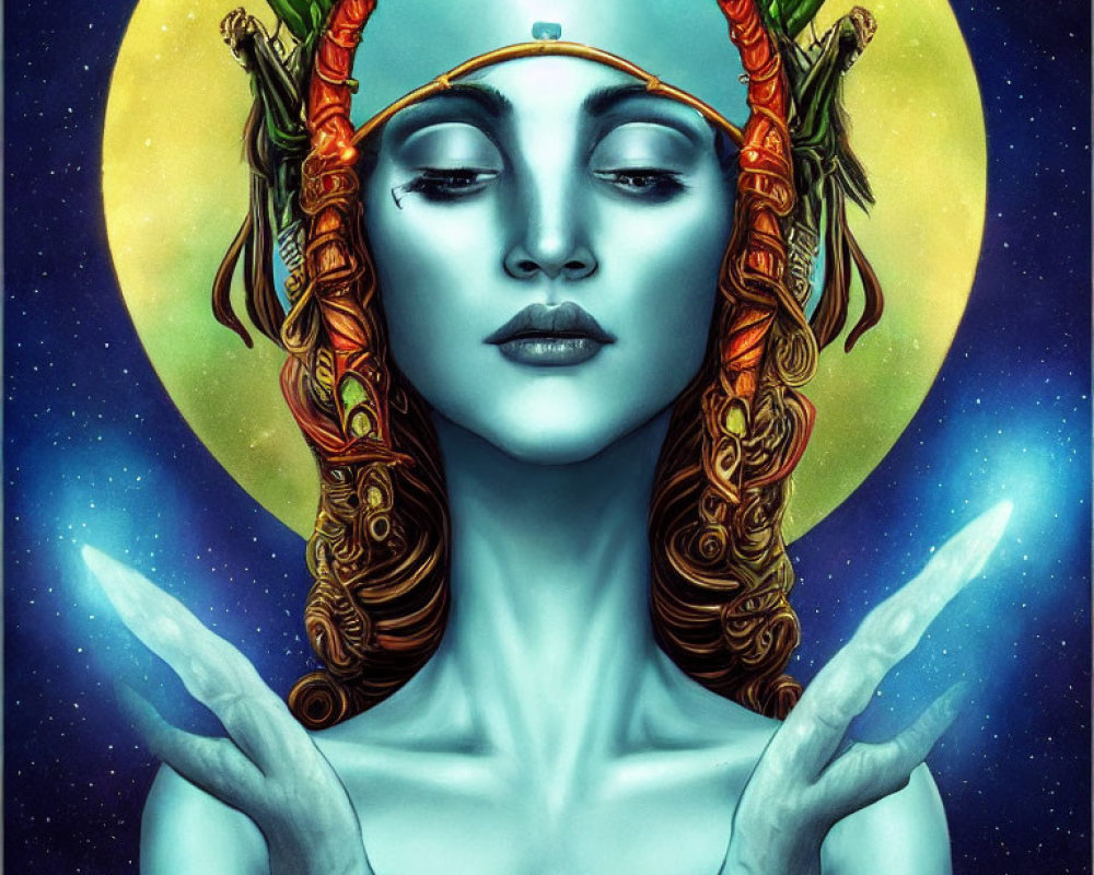 Mystical female figure with blue skin and glowing hands in cosmic setting