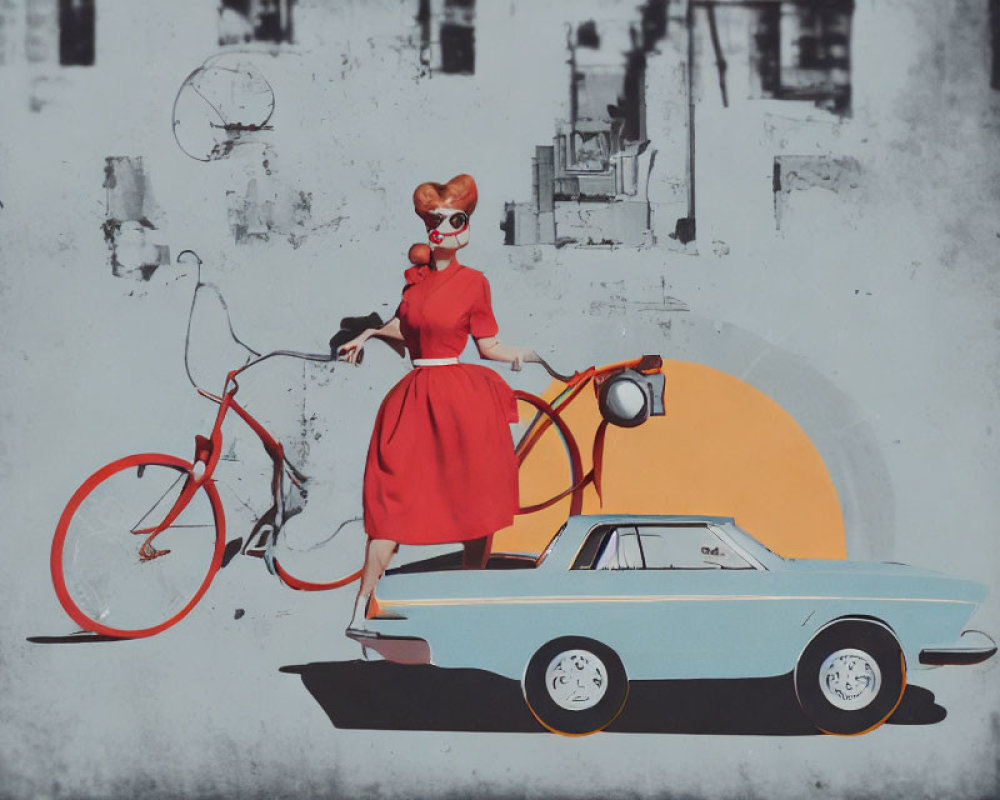 Vintage-style illustration of woman with sunglasses and red scarf holding bicycle and classic car against abstract background