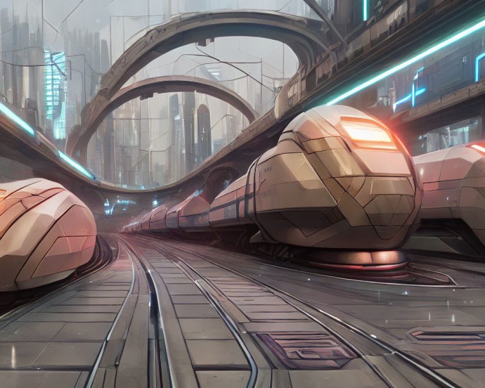 Sleek trains on advanced tracks in futuristic cityscape