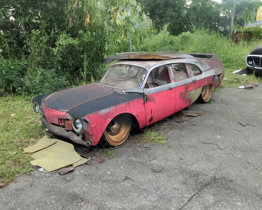 Abandoned red car with rust and peeling paint in overgrown setting