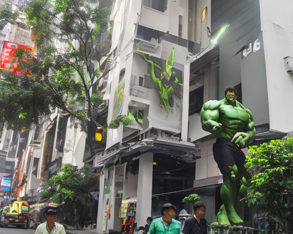 City street scene with pedestrians, Hulk statue, modern buildings, and trees