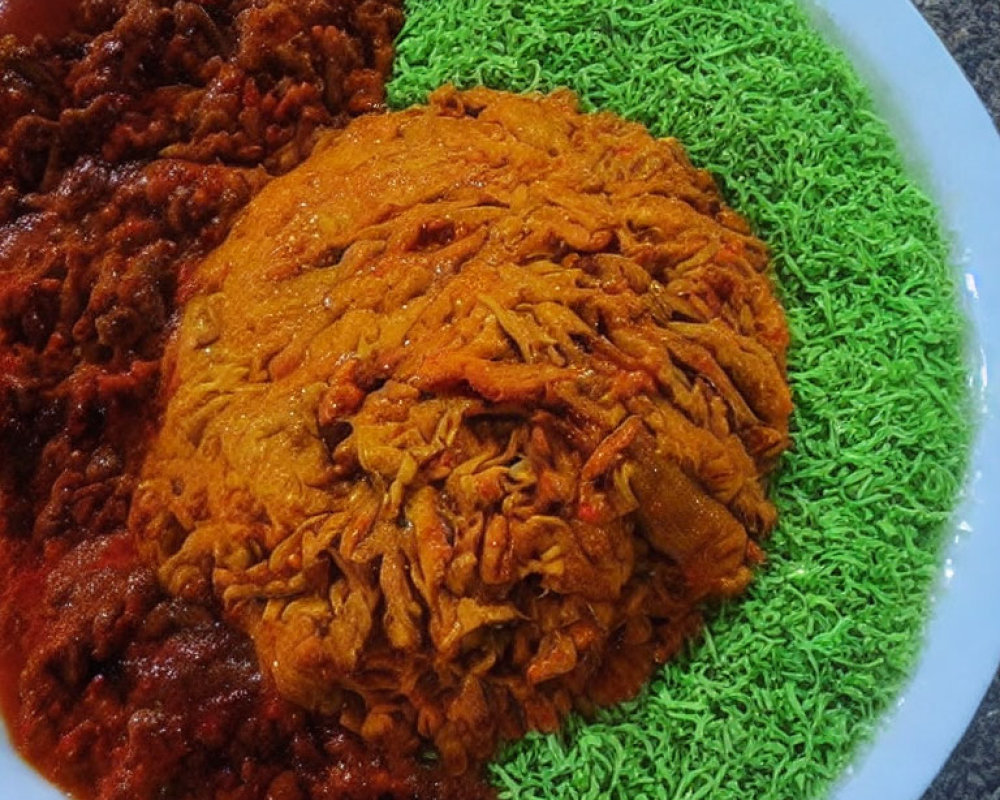 Colorful plate with red sauce, orange jollof rice, and green seasoned rice.