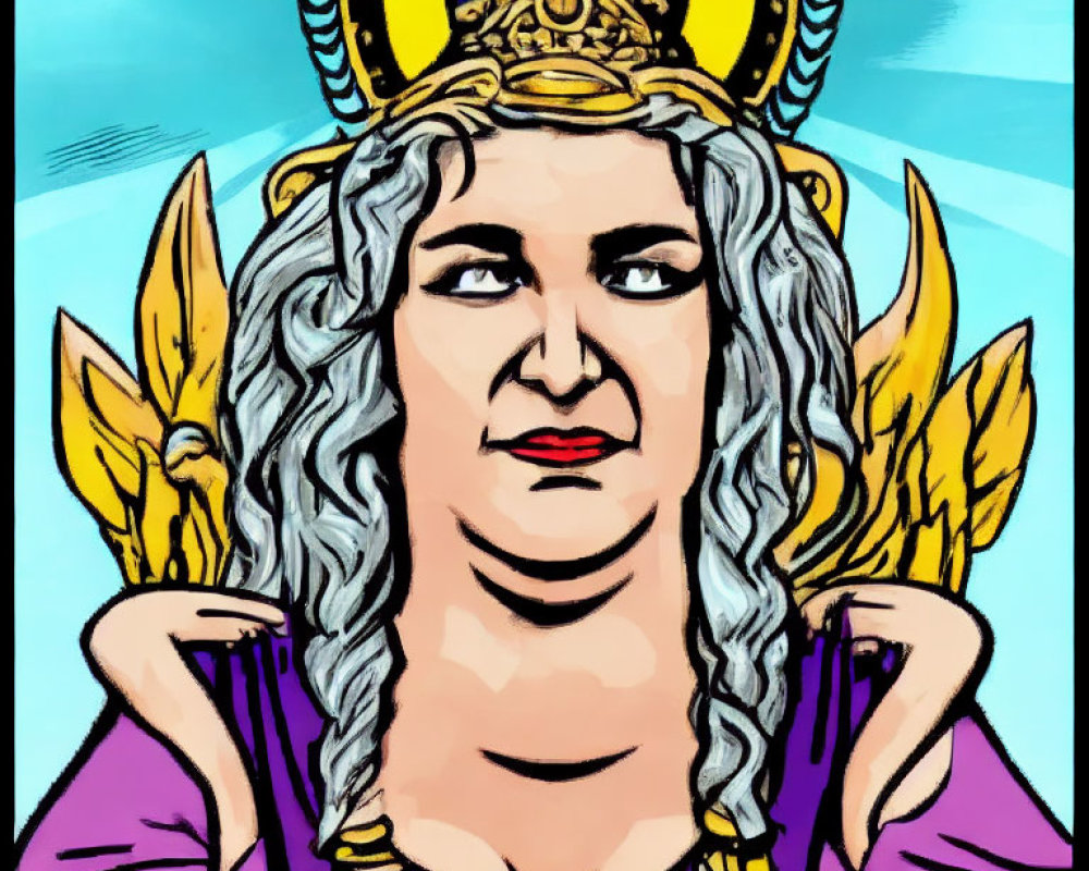 Detailed illustration of stern-faced woman in purple robe with golden accessories and wing motifs.