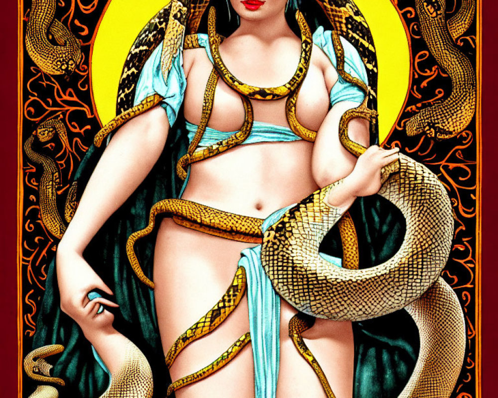 Stylized painting of woman with serpent on red and gold background