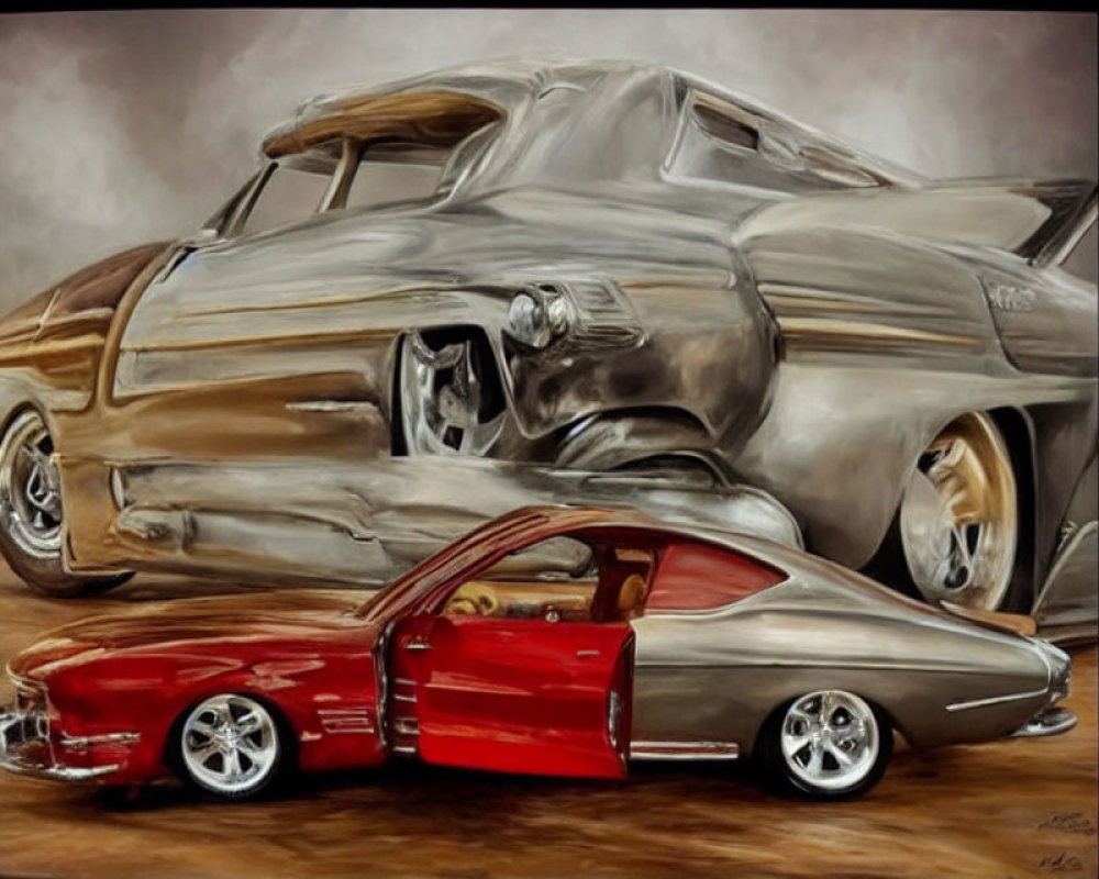 Classic cars painting with red and mirrored finish in motion on brown backdrop