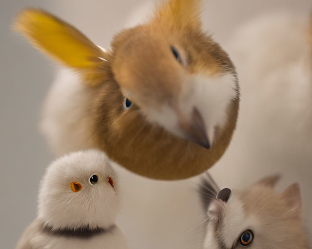 Three fluffy bird-like creatures in focus and background, facing different directions