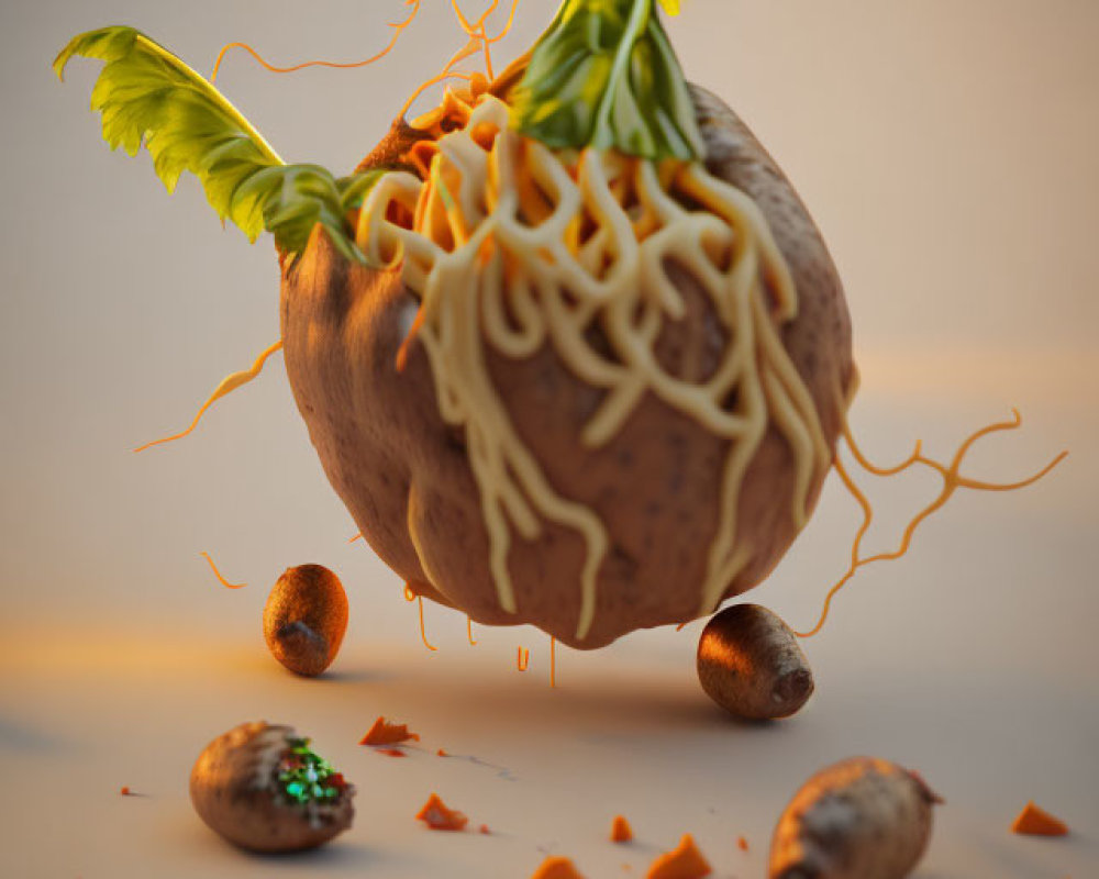 Illustration of walnut with noodles, greens, nuts, and shards under warm light