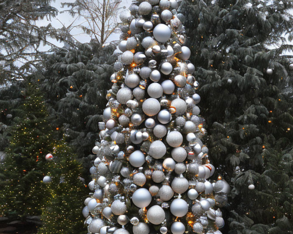 Decorated Outdoor Christmas Tree with Silver and White Ornaments