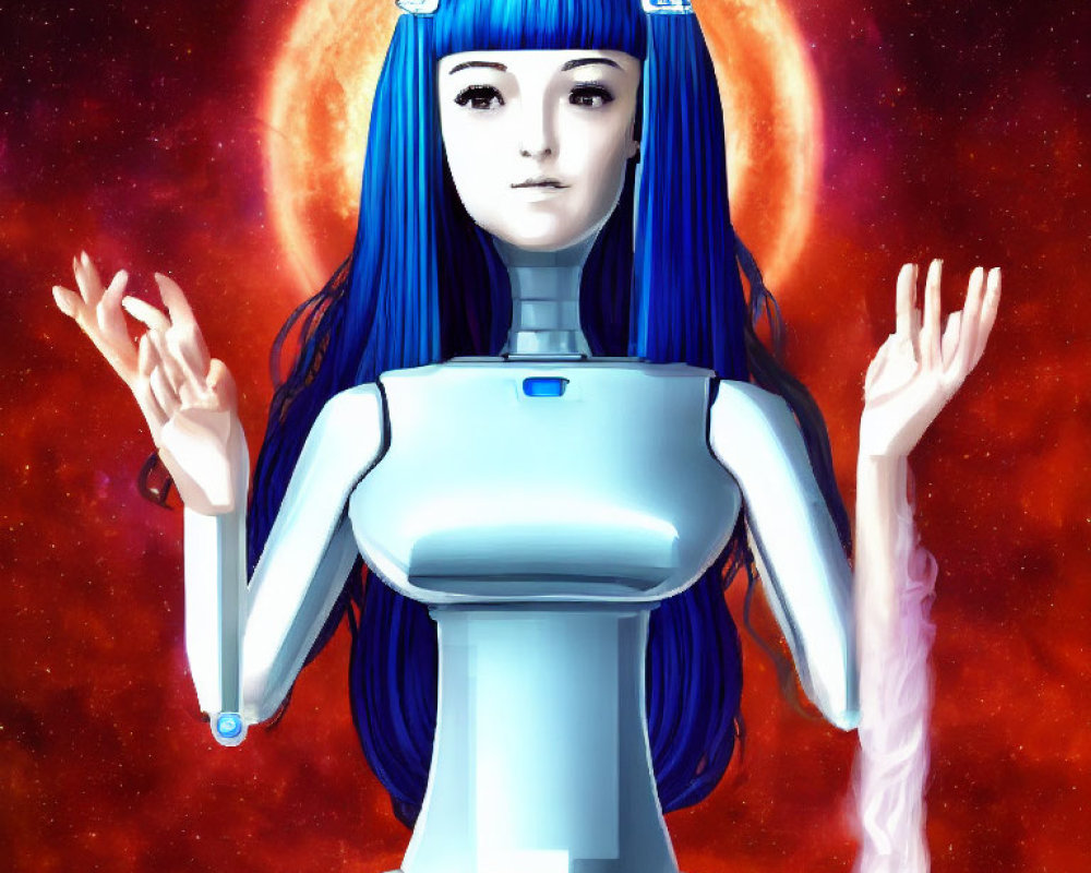 Blue-haired Female Android with Cosmic Background and Glowing Halo Ring