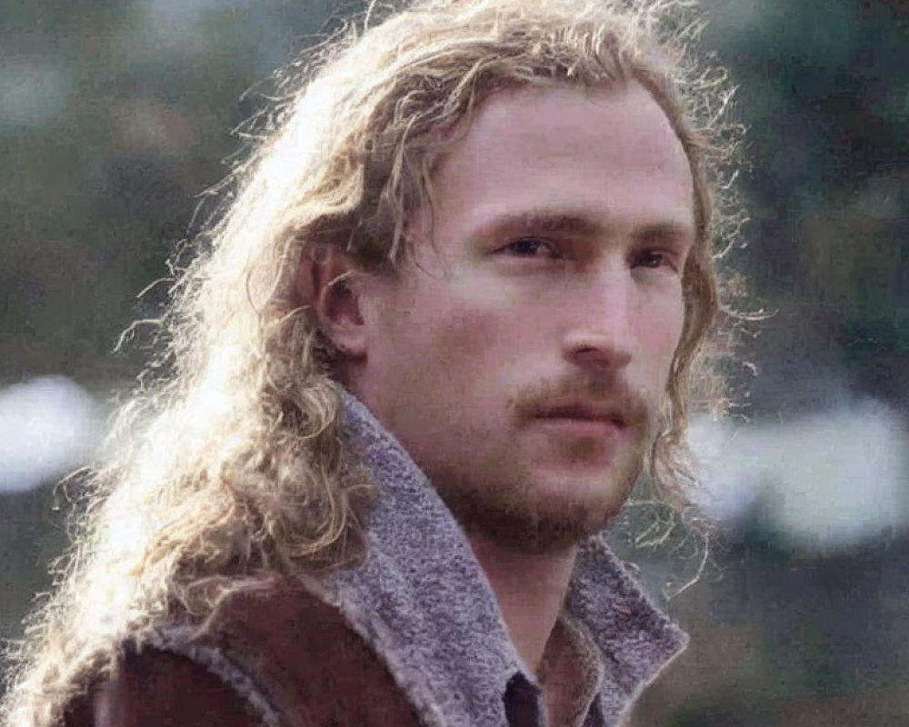 Man with long blond hair and beard in brown jacket gazes into distance