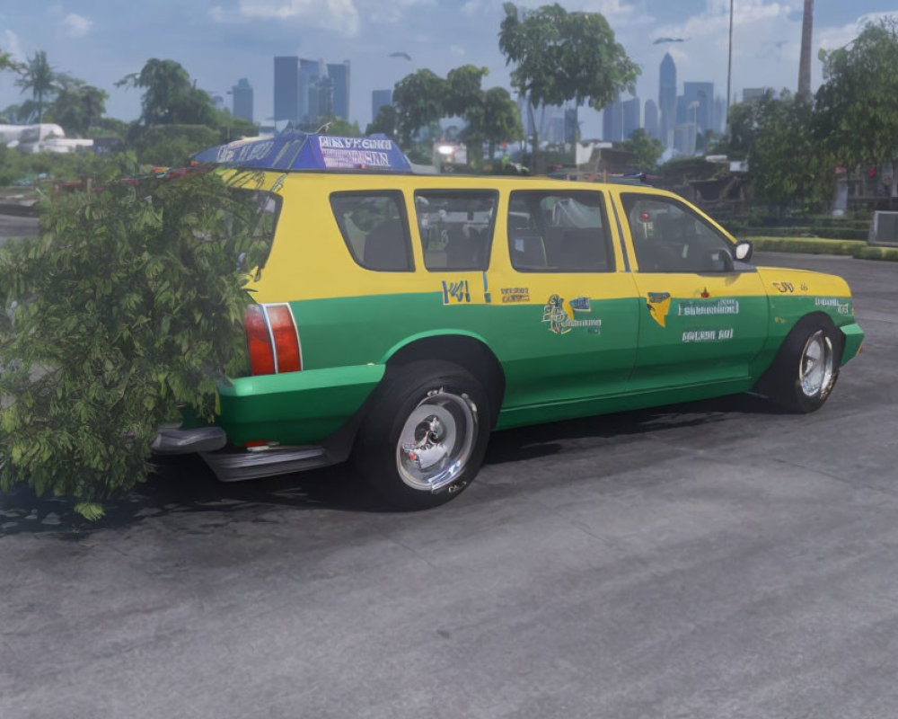 Green and Yellow Taxi with Tree Branch Stuck in Window on Urban Roadside