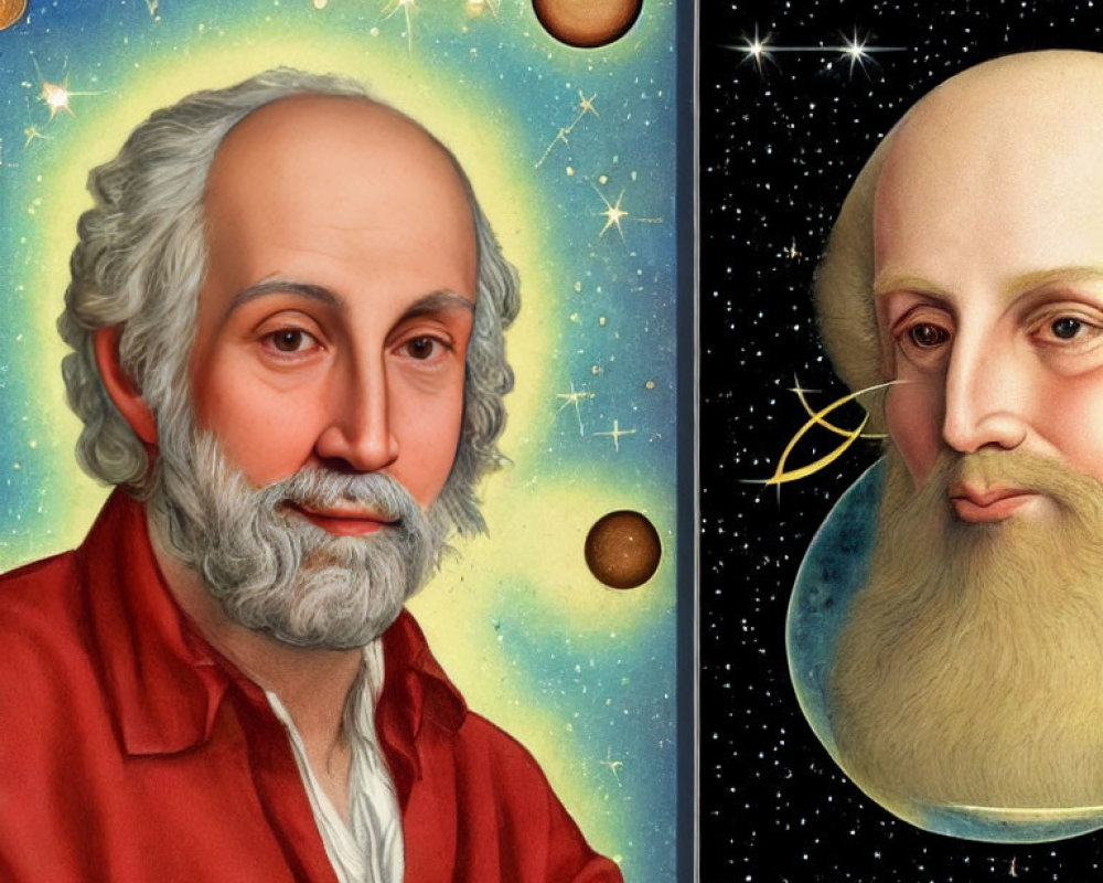 Bearded Man in Period Clothing with Celestial and Cosmic Backgrounds