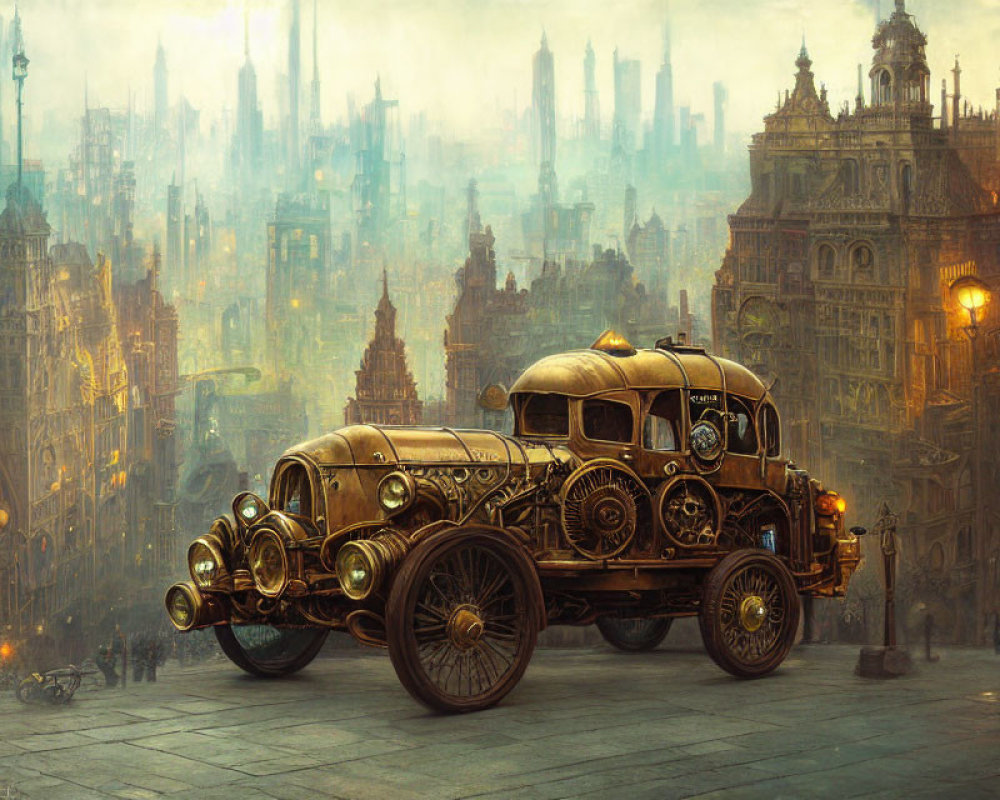 Steampunk vehicle in detailed cityscape with industrialized buildings