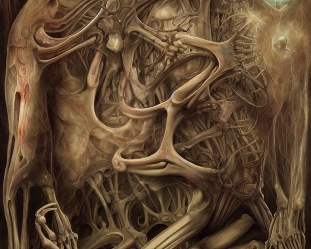 Surreal organic artwork with intertwined flesh and bone-like structures