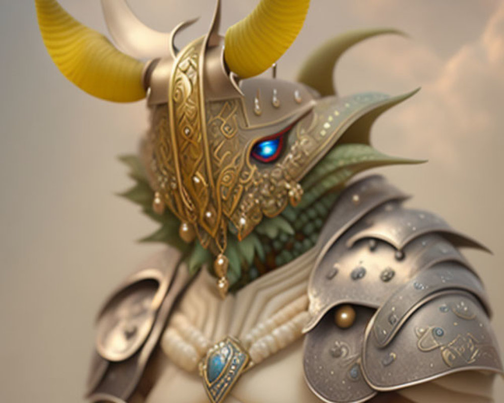 Detailed Fantasy Warrior Illustration: Horned Helmet, Glowing Blue Eye, Ornate Armor with Heart