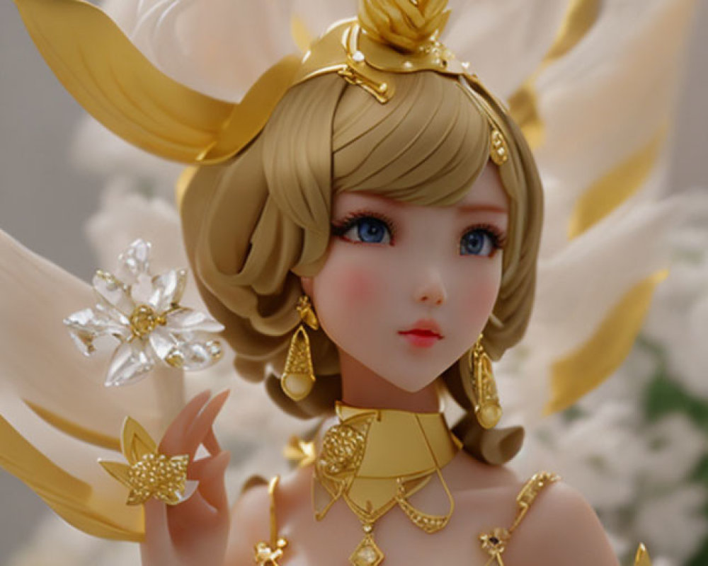 Character with Golden Accessories, Blue Eyes, Blonde Hair, and Feathery Wings