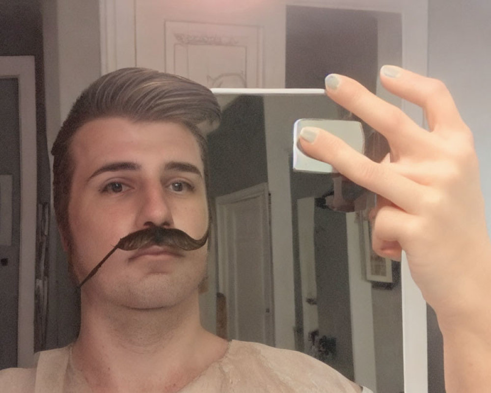 Person holding smartphone with curled mustache, mirrored reflection.