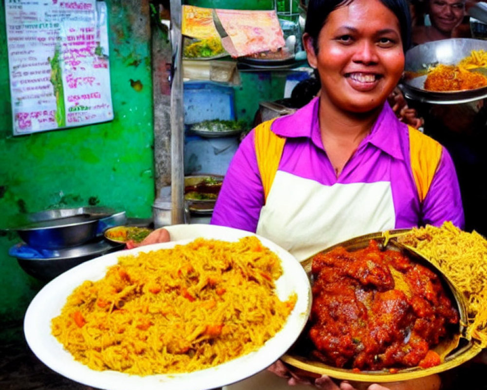 Smiling person in pink and white apron presents plates of food in vibrant market setting