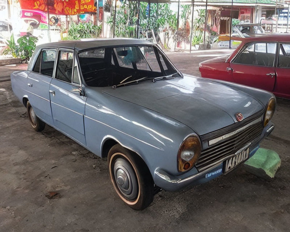 Vintage Light Blue Sedan with White Sidewall Tires on Concrete Floor