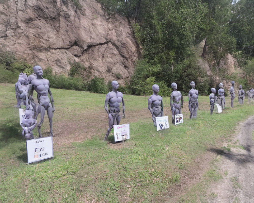 Row of muscular statues outdoors with symbols on signs