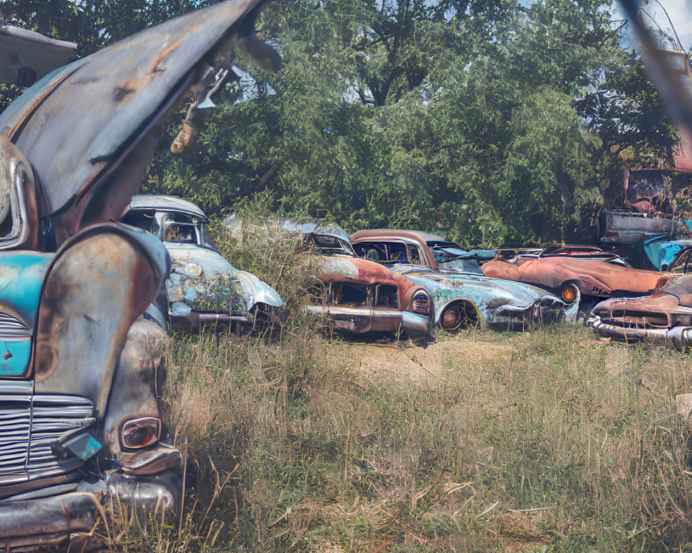 Abandoned vintage cars in field with open hoods, under tree-dappled sky