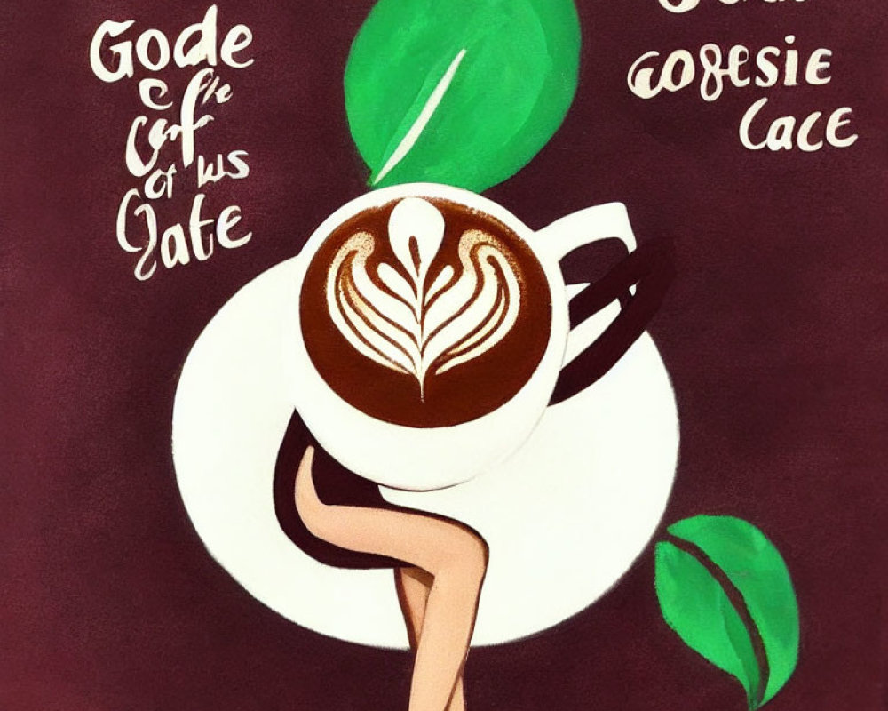 Illustration of coffee cup with latte art, human legs, green leaves on burgundy background with