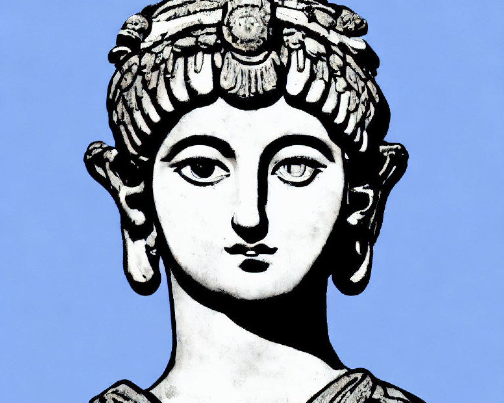 Detailed Classical Bust Sculpture with Decorative Headdress on Blue Background