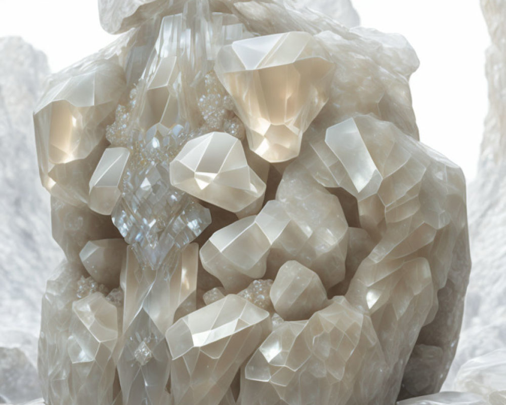 Pale translucent crystals with faceted surfaces: A detailed close-up.