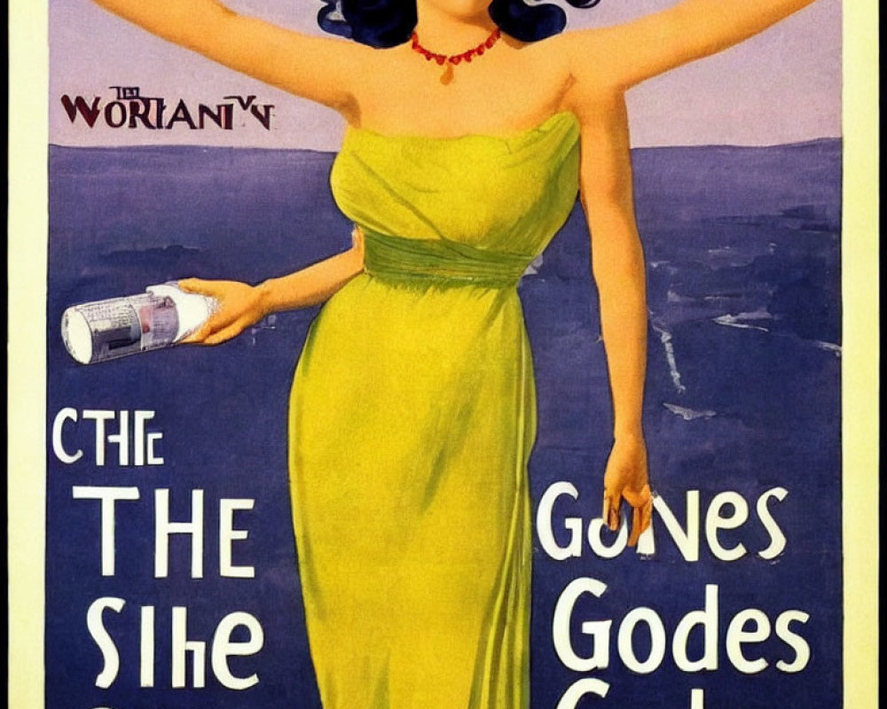 Vintage Poster Featuring Woman in Yellow Dress Holding Water Bottle