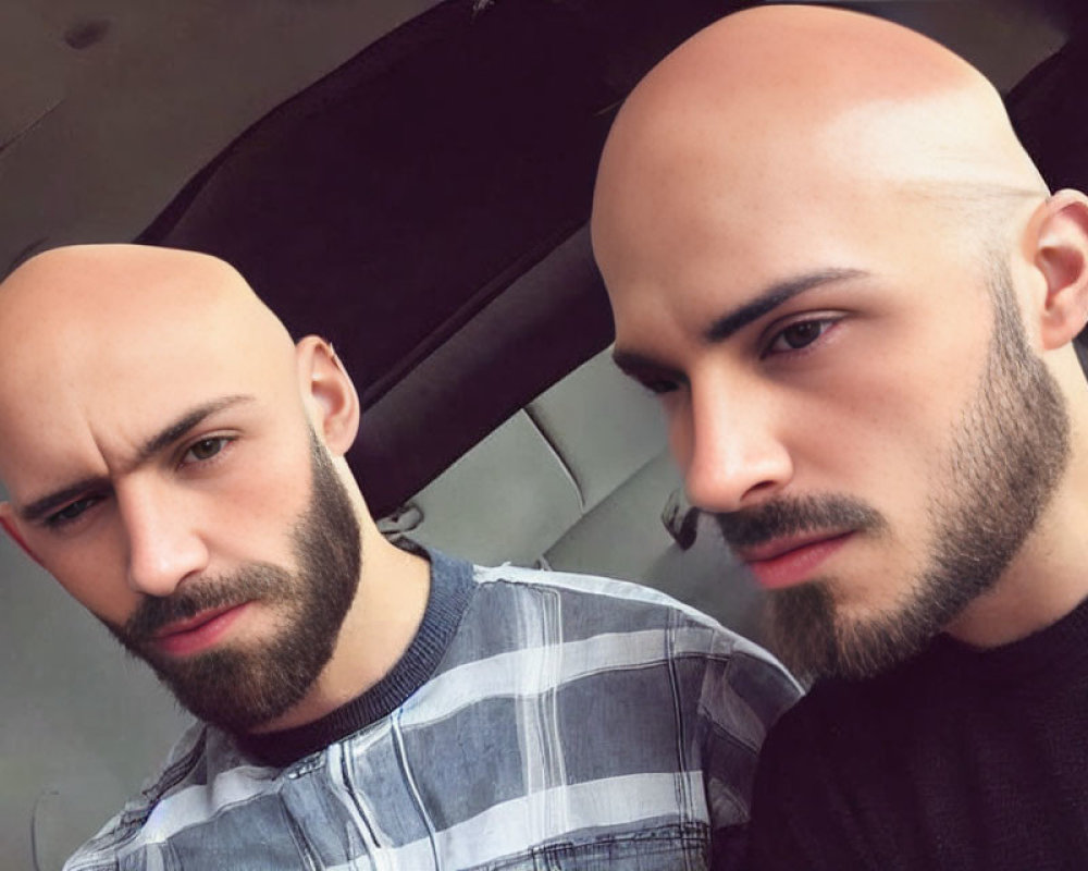 Two bald men with beards in a vehicle, one facing the camera and the other looking away