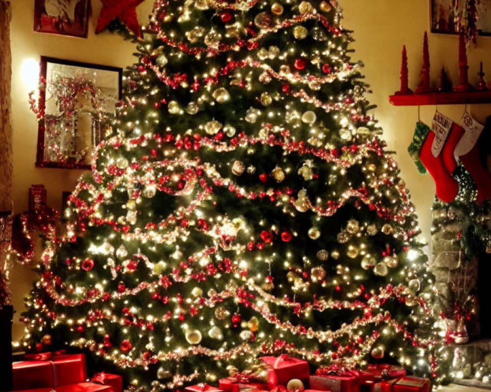 Festive Christmas tree with lights, red and white ornaments, and presents underneath