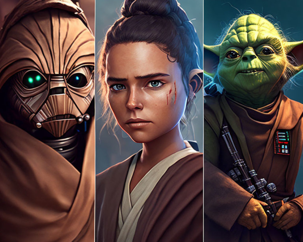 Stylized Star Wars characters: masked figure, young woman, Yoda with lightsaber