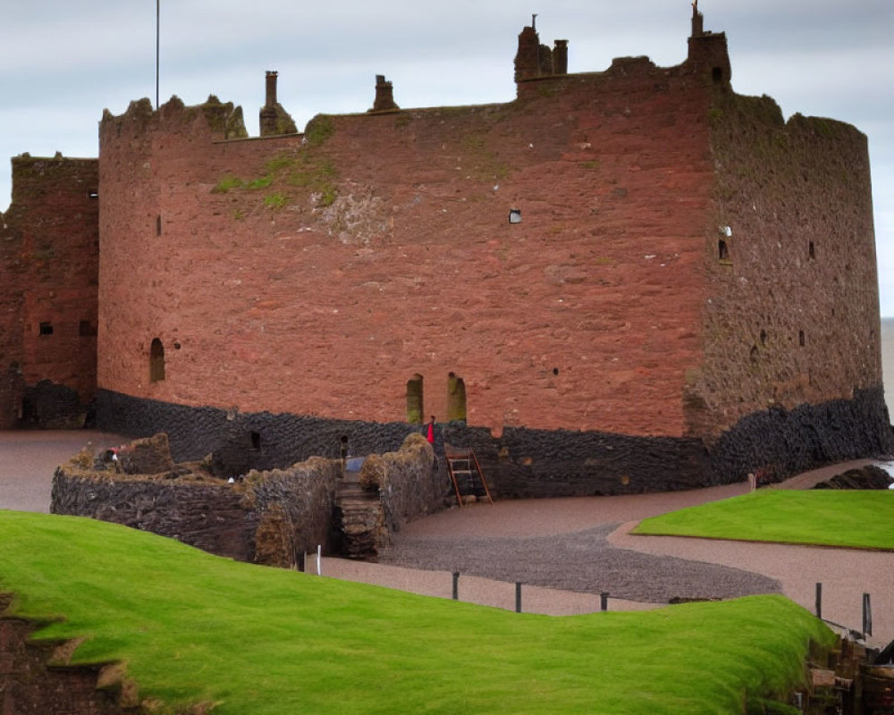 Red-Stone Castle by the Sea with Green Grass and Cloudy Sky